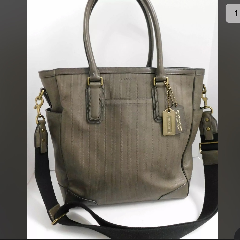 Coach Olive Green Leather Tote with Black Strap and Brass Hardware